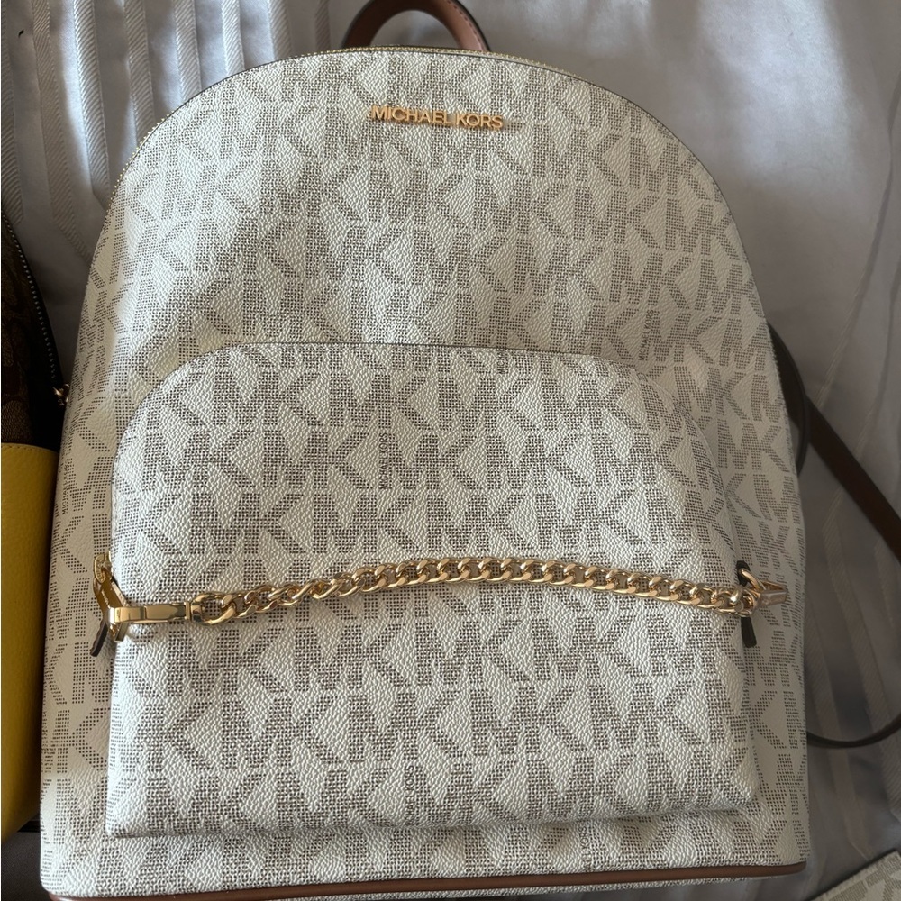 Michael Kors Cream and Gold Backpack with Monogram Design
